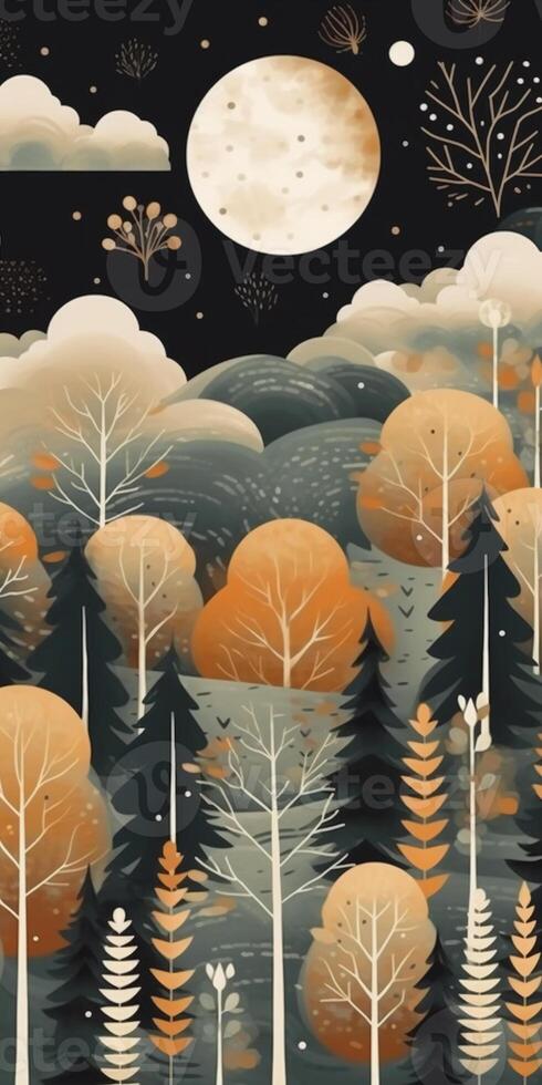 Night forest pattern, minimal, graphic poster design. photo