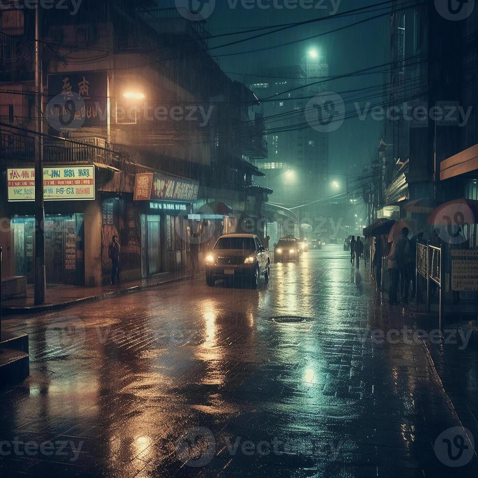 Heavy Rain and Dark Night in the Urban. photo