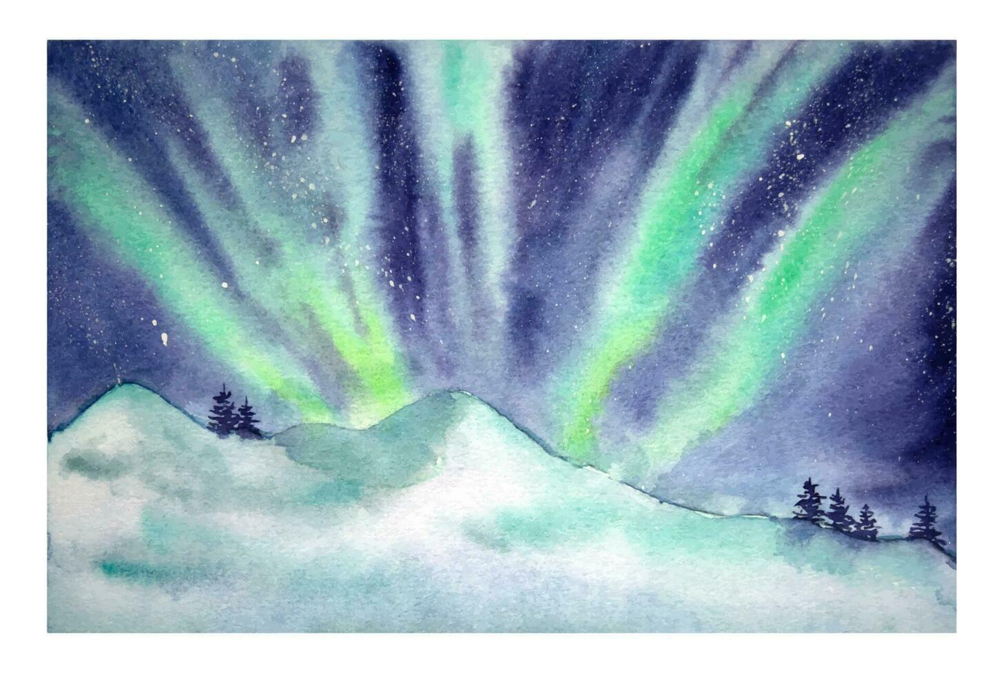 Hand drawn watercolor aurora. Watercolor northern lights. vector