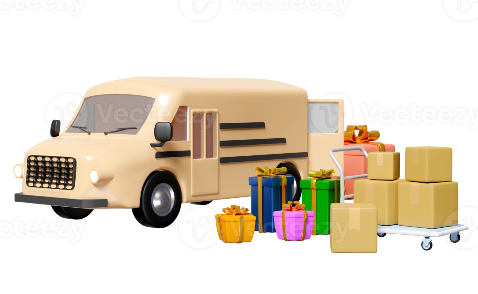 3d white delivery van, truck with gift box, packaging, goods cardboard box, platform trolley isolated. service, transportation, shipping concept, 3d render illustration png