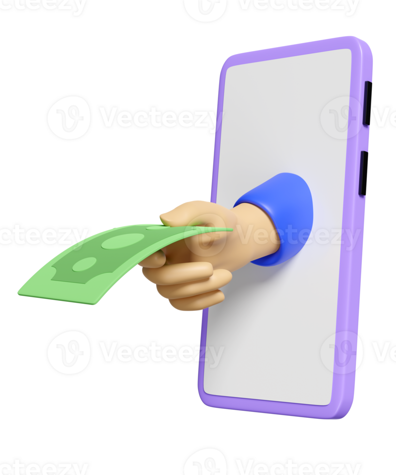 3D spend money, contributing, settle pay by smartphone concept, cartoon hands holding banknote payment for goods icon isolated. mobile phone deposit, saving money, 3d render png