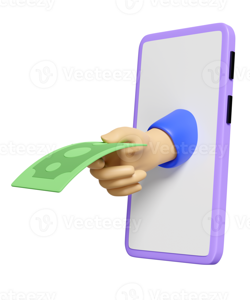 3d trascorrere i soldi, contribuire, Risolvere pagare di smartphone concetto, cartone animato mani Tenere banconota pagamento per merce icona isolato. mobile Telefono depositare, Salvataggio i soldi, 3d rendere png