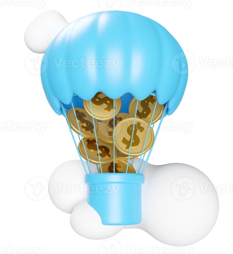 hot air balloon with gold coin, cloud isolated. loan approval, business banking, investment concept, 3d render illustration png
