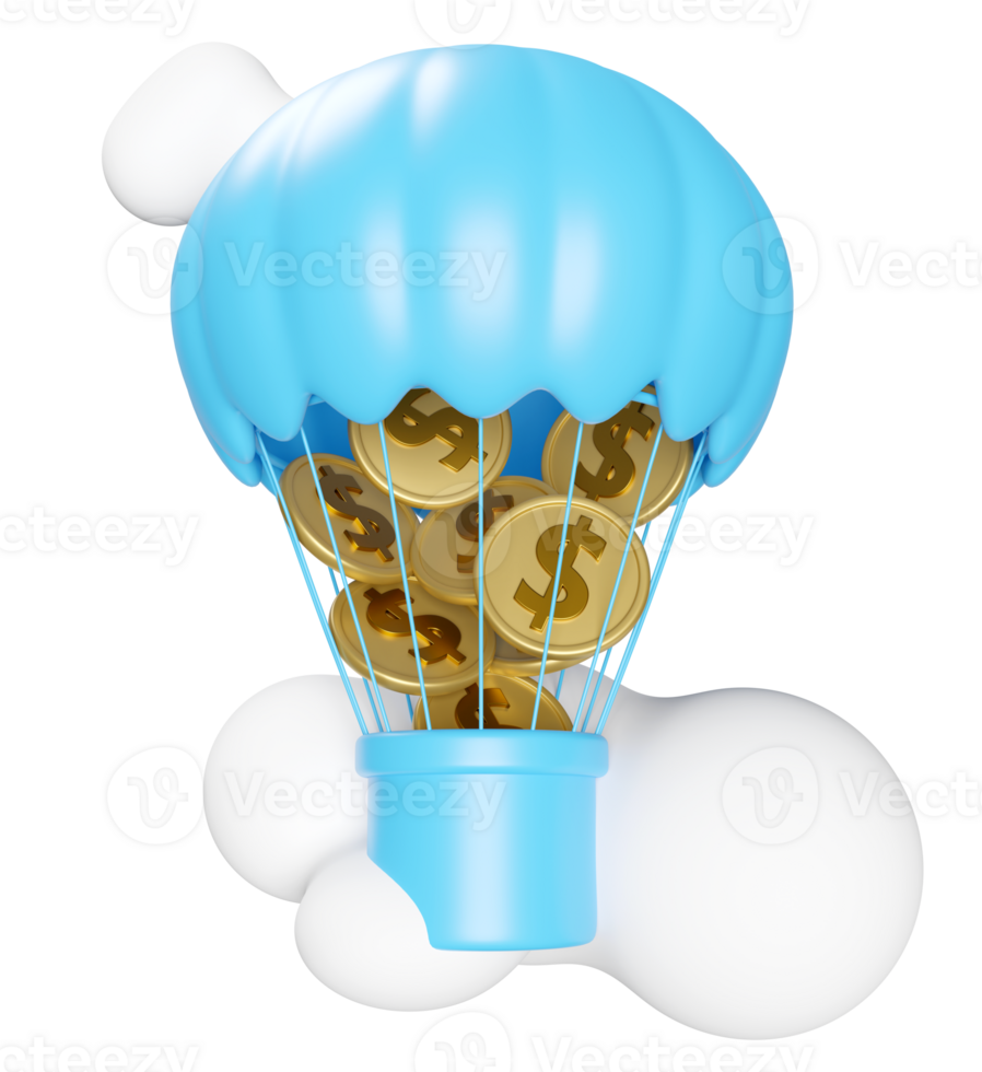 caliente aire globo con oro moneda, nube aislado. préstamo aprobación, negocio bancario, inversión concepto, 3d hacer ilustración png