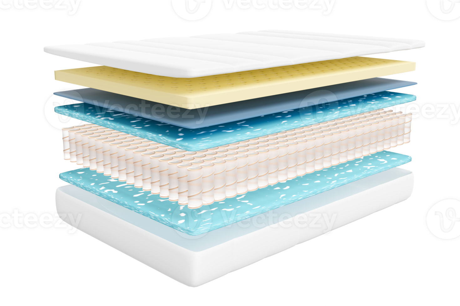3d layered sheet material mattress with air fabric, pocket springs, natural latex, memory foam isolated. 3d render illustration png