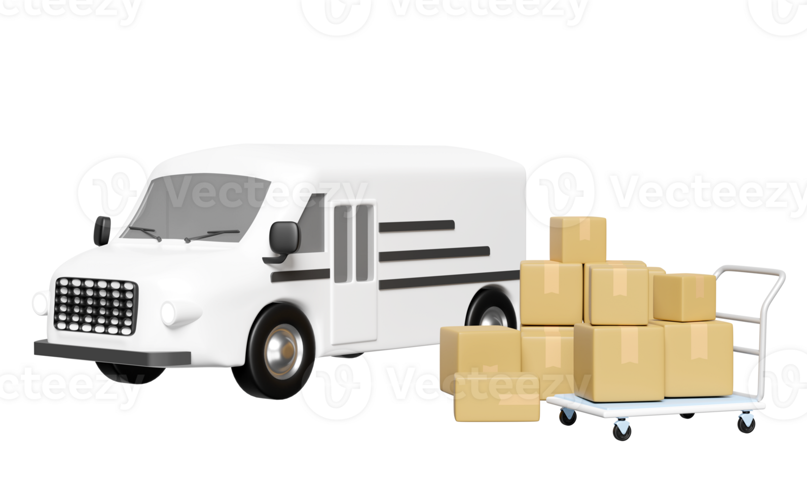 3d consegna furgone, bianca camion con confezione, merce cartone scatola, piattaforma carrello isolato. servizio, trasporto, spedizione concetto, 3d rendere illustrazione png