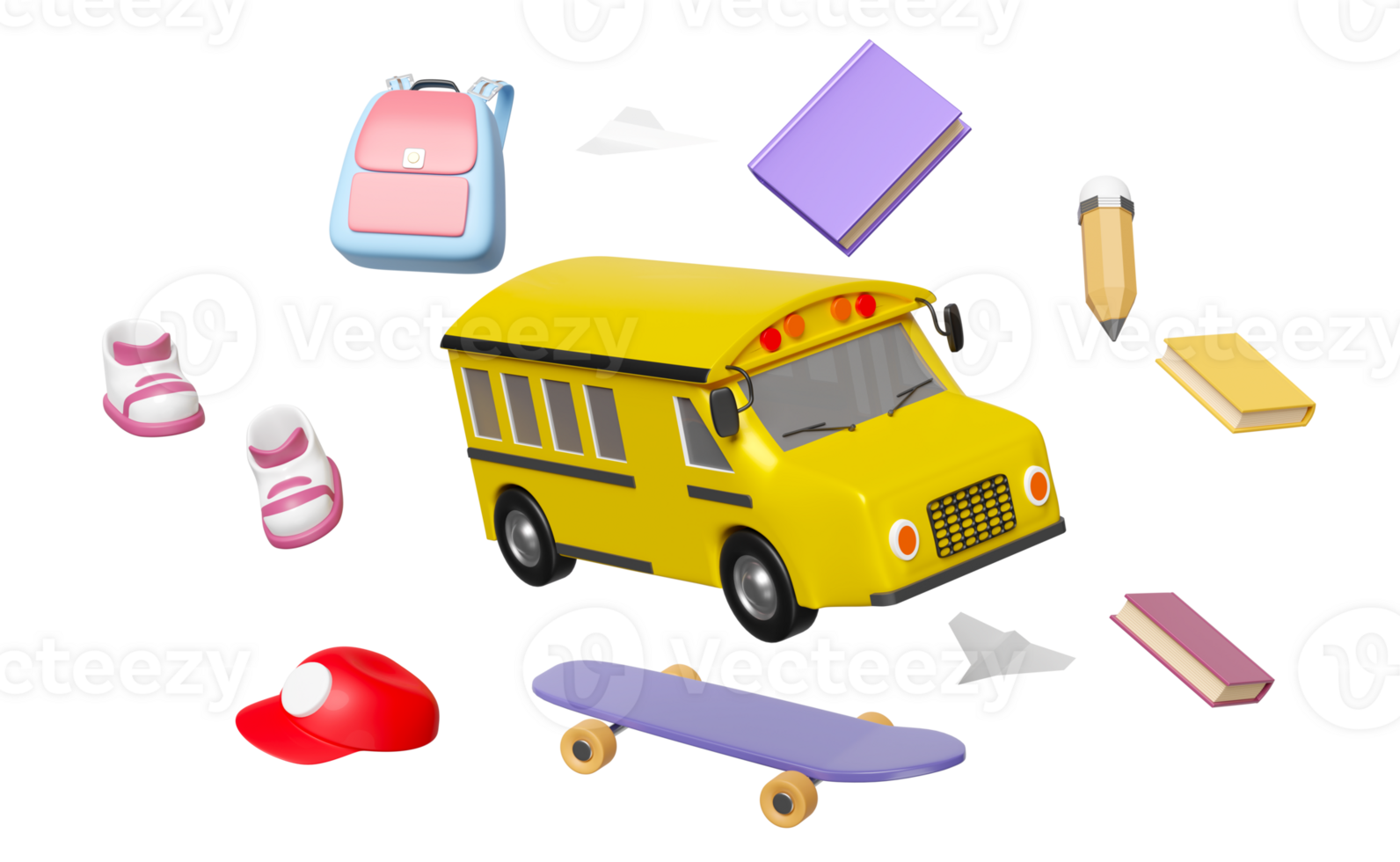 3d vehicle for transport student float isolated. yellow school bus cartoon sign icon, accessories with skateboard, book, bag, pencil, school supplies, hat, back to school 3d render png