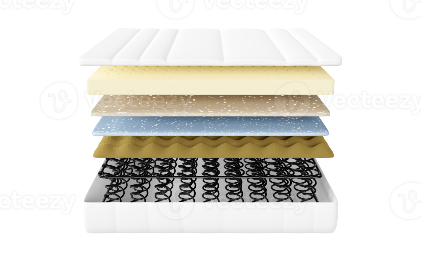 3d layered sheet material mattress structure with air fabric, coil spring, natural latex, memory foam, soft sponge isolated. 3d render illustration png