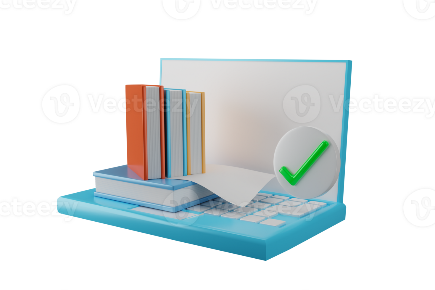 3D illustration stack of books on laptop distance education concept online education png