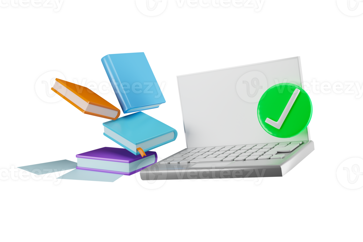 laptop with books floating beside and correct mark online education concept distant learning png
