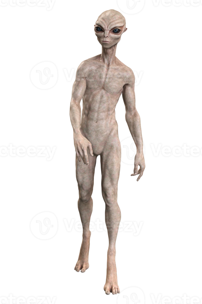 Grey alien on transparent background, 3d render png