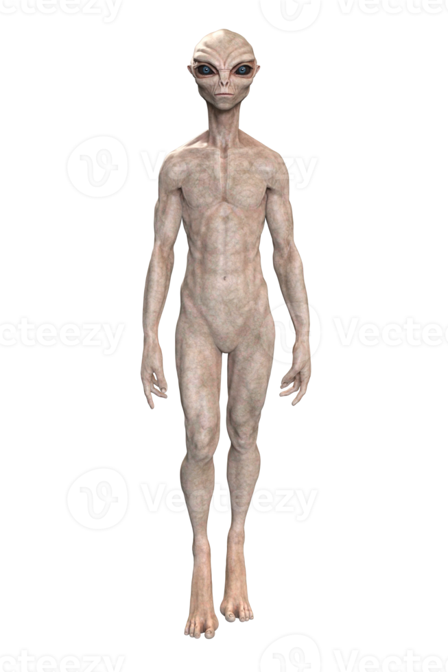 Grey alien on transparent background, 3d render png
