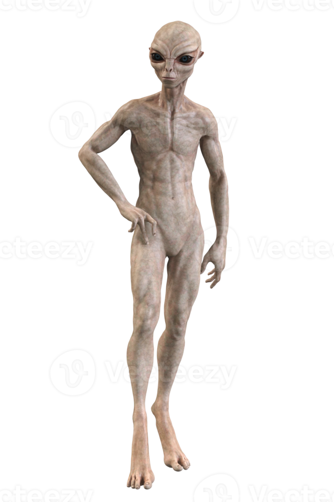 Grey alien on transparent background, 3d render png