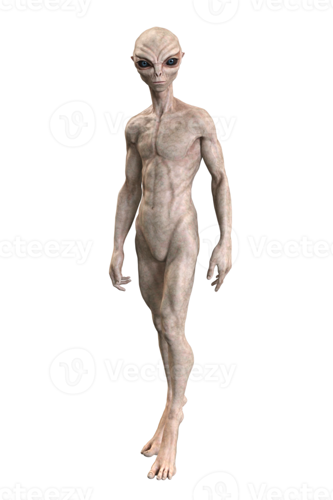 Grey alien on transparent background, 3d render png