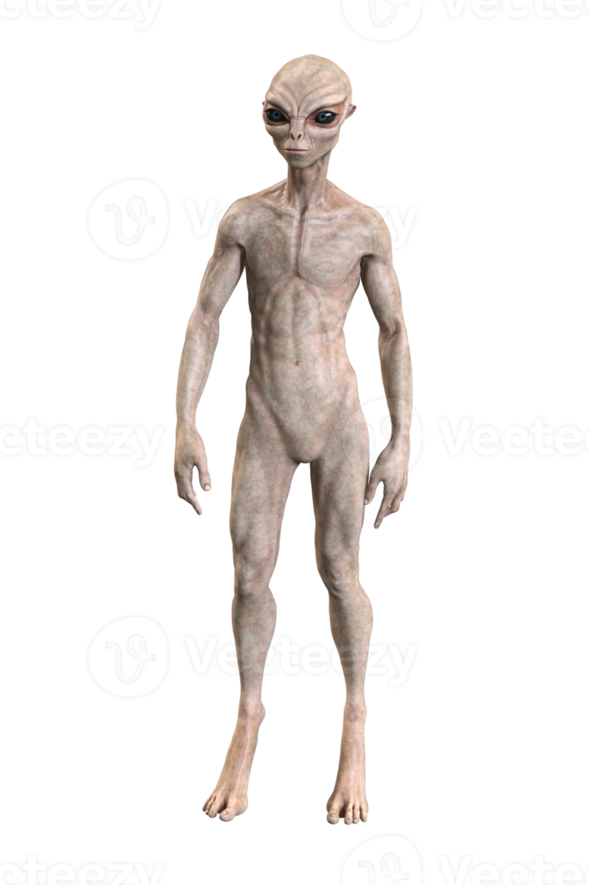 Grey alien on transparent background, 3d render png