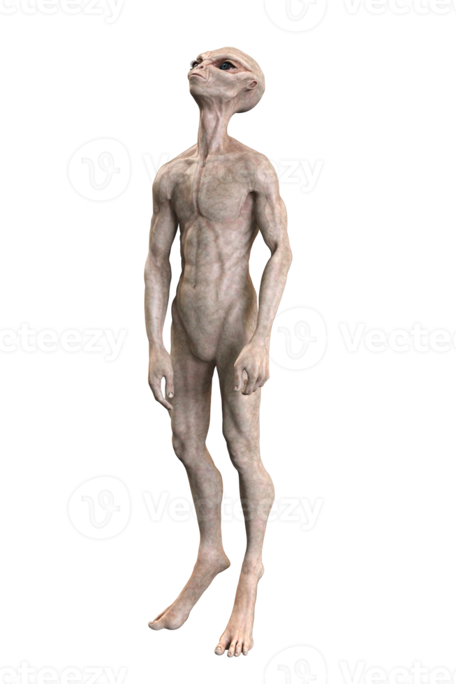 Grey alien on transparent background, 3d render png