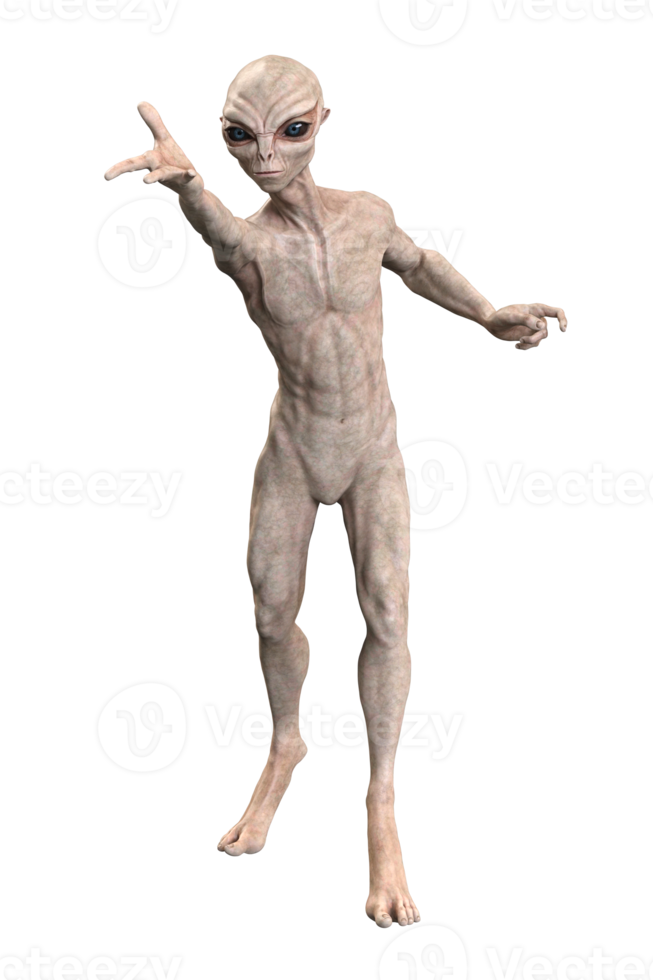 Grey alien on transparent background, 3d render png