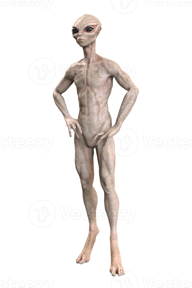 Grey alien on transparent background, 3d render png