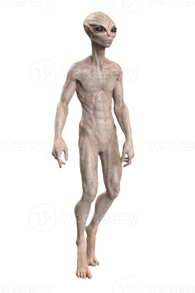 Grey alien on transparent background, 3d render png