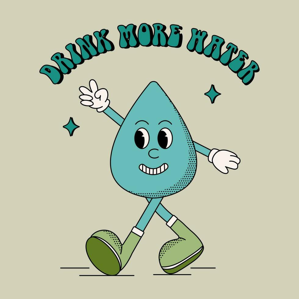 Groovy water drop character. Drink more water concept vector