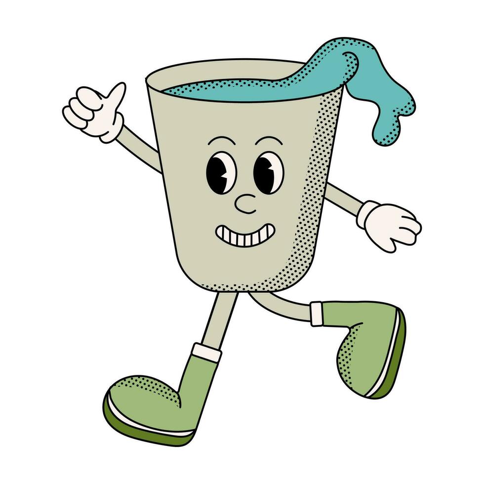 Glass of water in groovy style, cartoon character. Drink more water concept vector