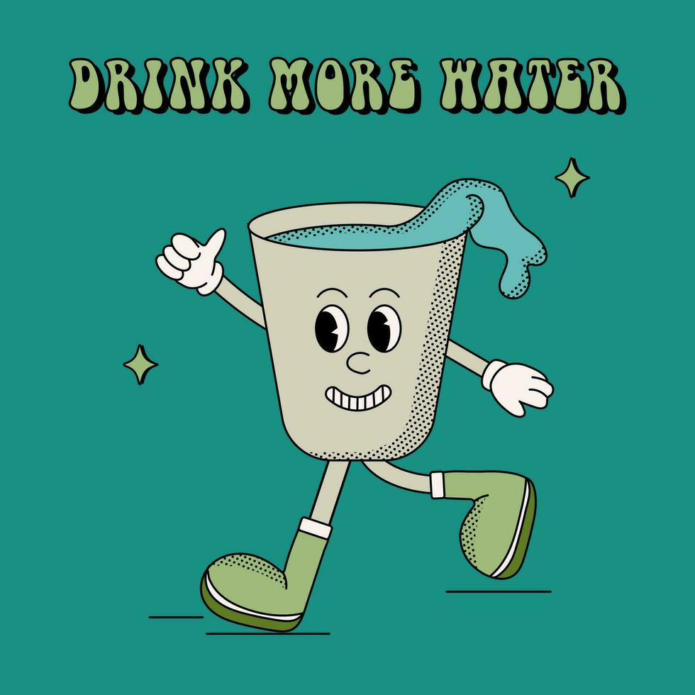 Drink more water poster. Poster with groovy character vector