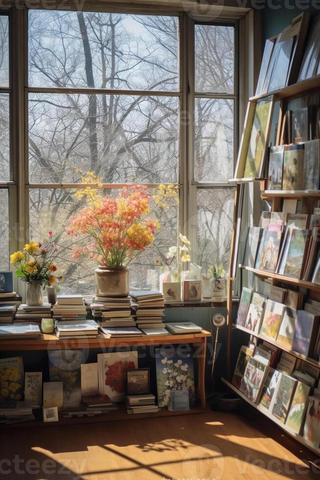 A photo of photobooks next to a big window.