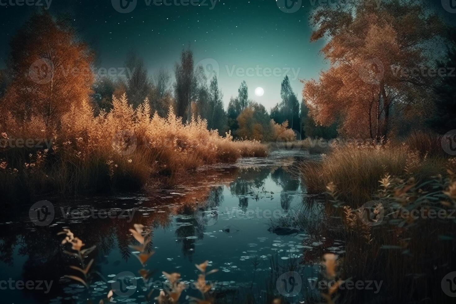 Night landscape environment harvest moon over a glittering lake lush vegetation birchwood trees, flowers, magical galaxy. photo