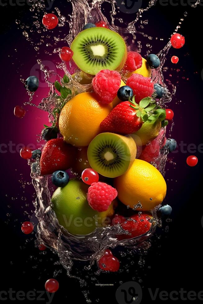 fresh fruits, splash, vibrant colors. photo