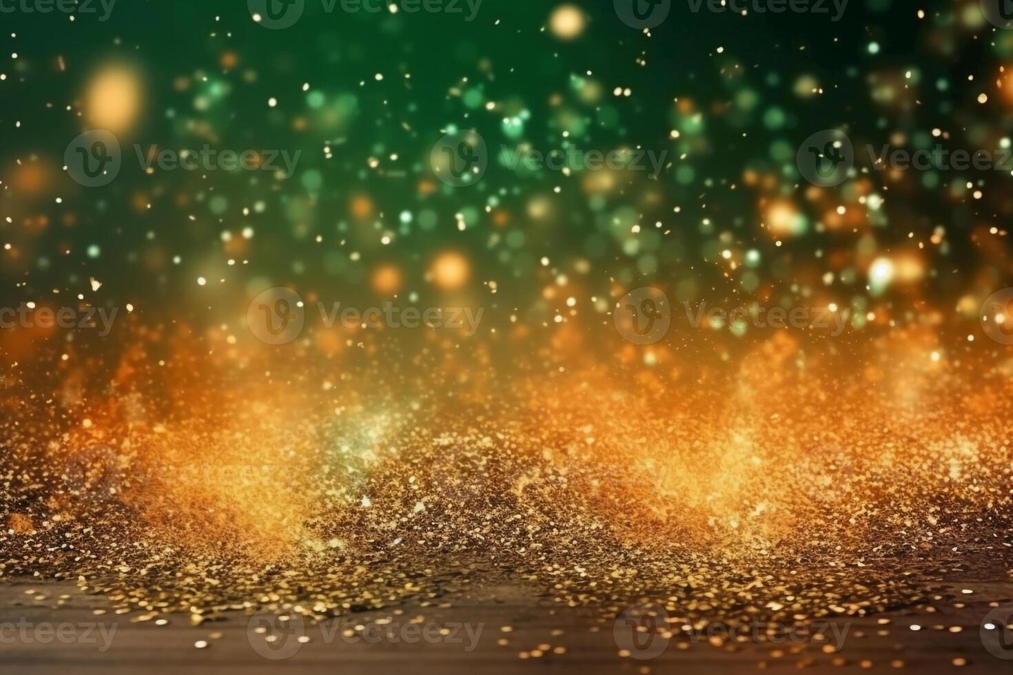Gold and green Fireworks and bokeh in New Year eve and copy space. Abstract background holiday. photo