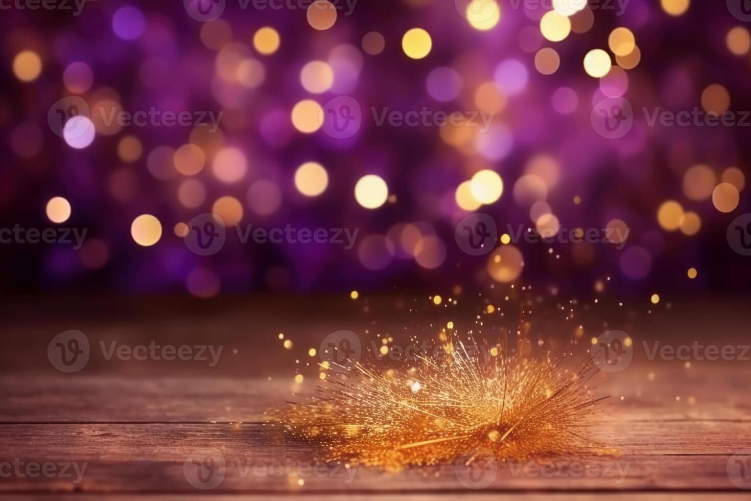 Gold and purple Fireworks and bokeh in New Year eve and copy space. Abstract background holiday, photo