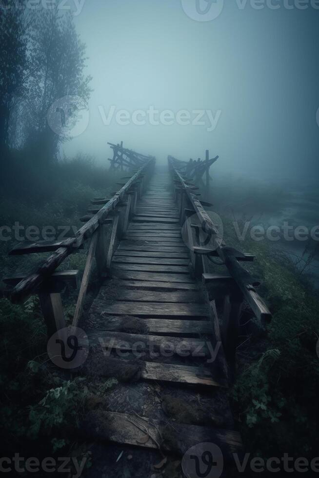 Old wooden bridge leading to nowhere in the fog, broken, gloomy dark blue, mysterious, loneliness. photo