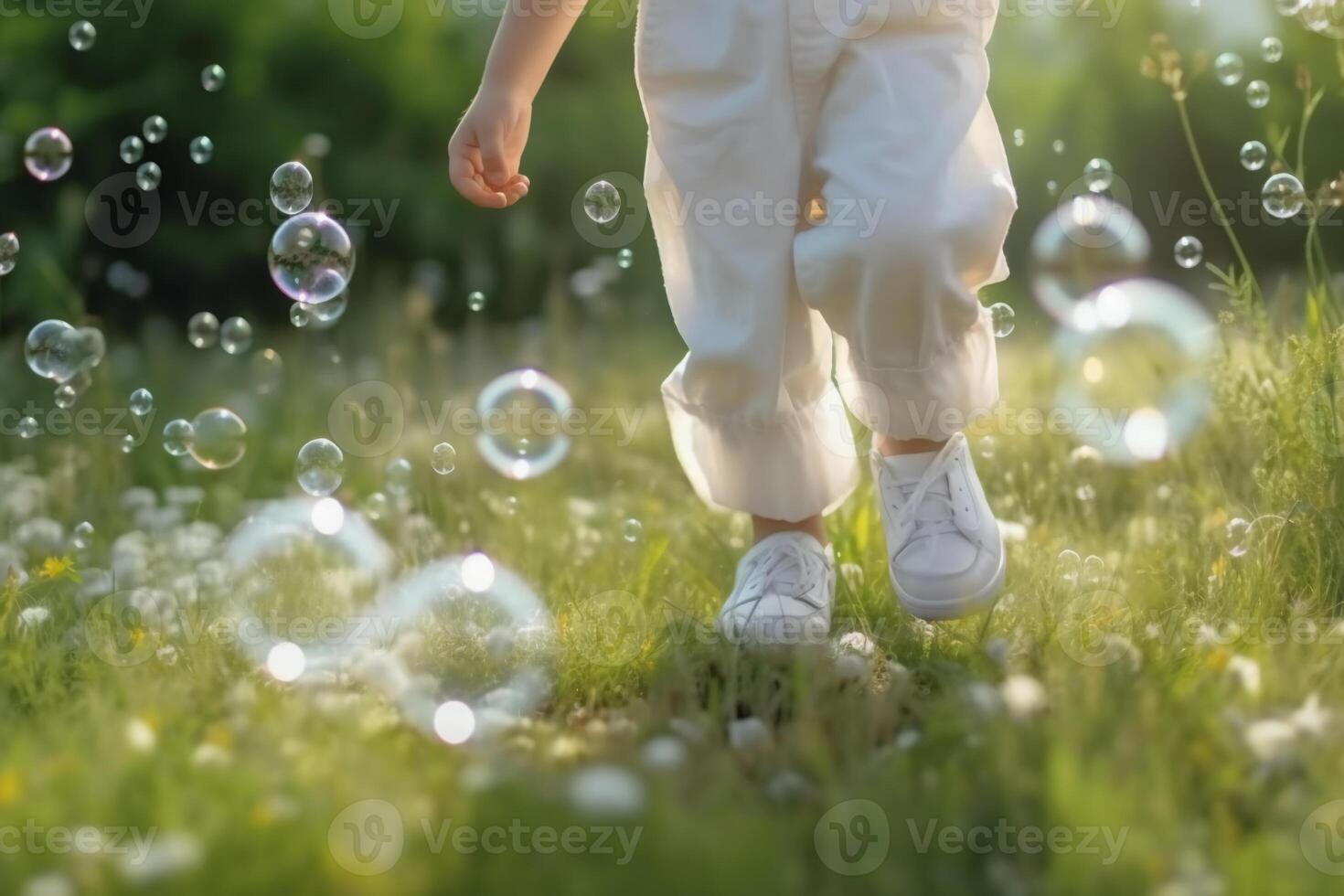 un cerca - arriba de grande burbujas, borroso antecedentes de un niño piernas vistiendo blanco ropa y corriendo alrededor en el césped. ai generativo foto