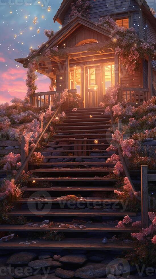 the stairs of a wooden house with 1000 roses on it, in the style of light pink and white, sunset, a busy city and beach in the distance. photo