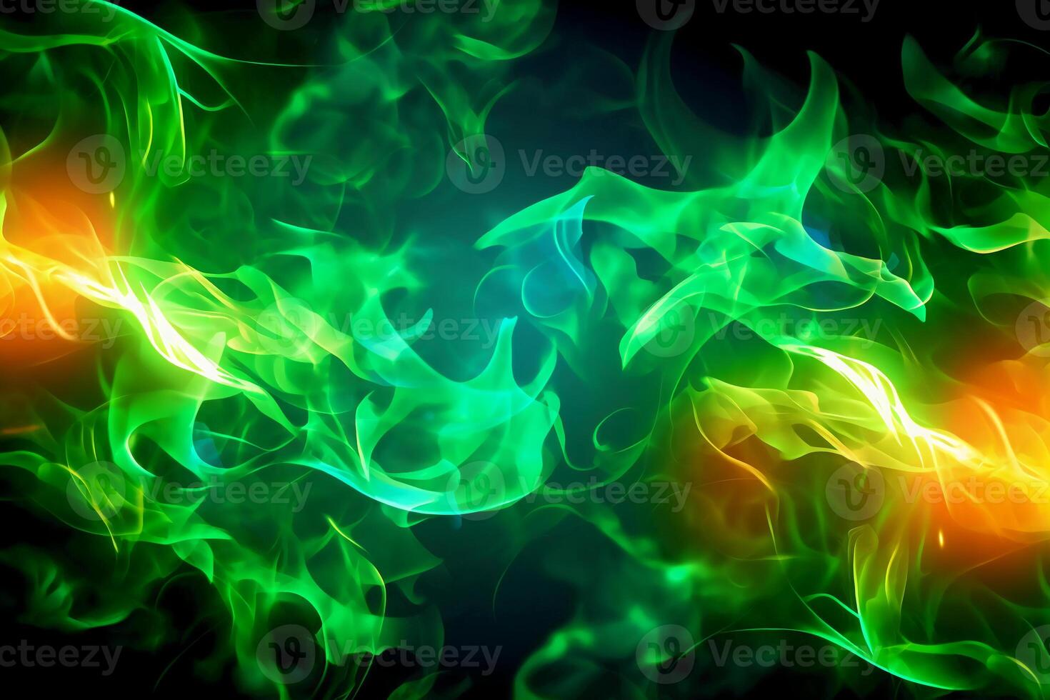 Drawn neon color green, Burning flame background material abstract hand. photo