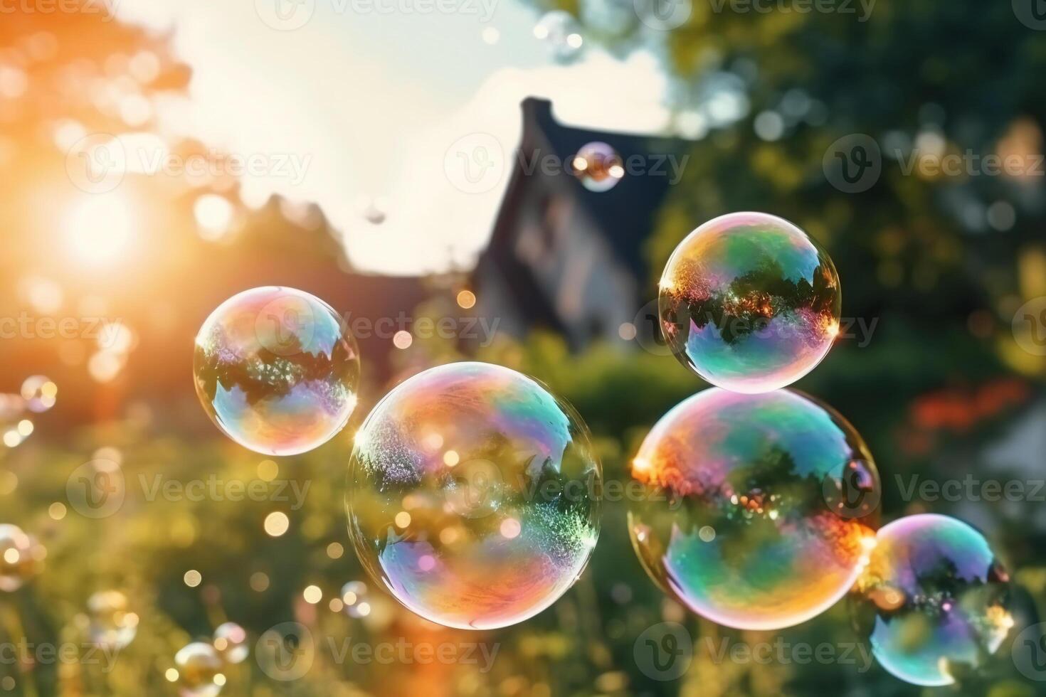 jabón burbujas en contra un borroso ligero natural verano antecedentes. ai generativo foto