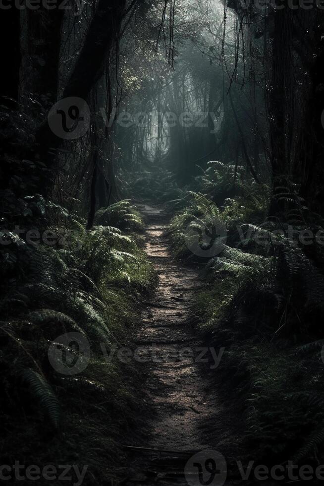 Dark forest, with a path in the middle, horror ambient, trees on the side. photo