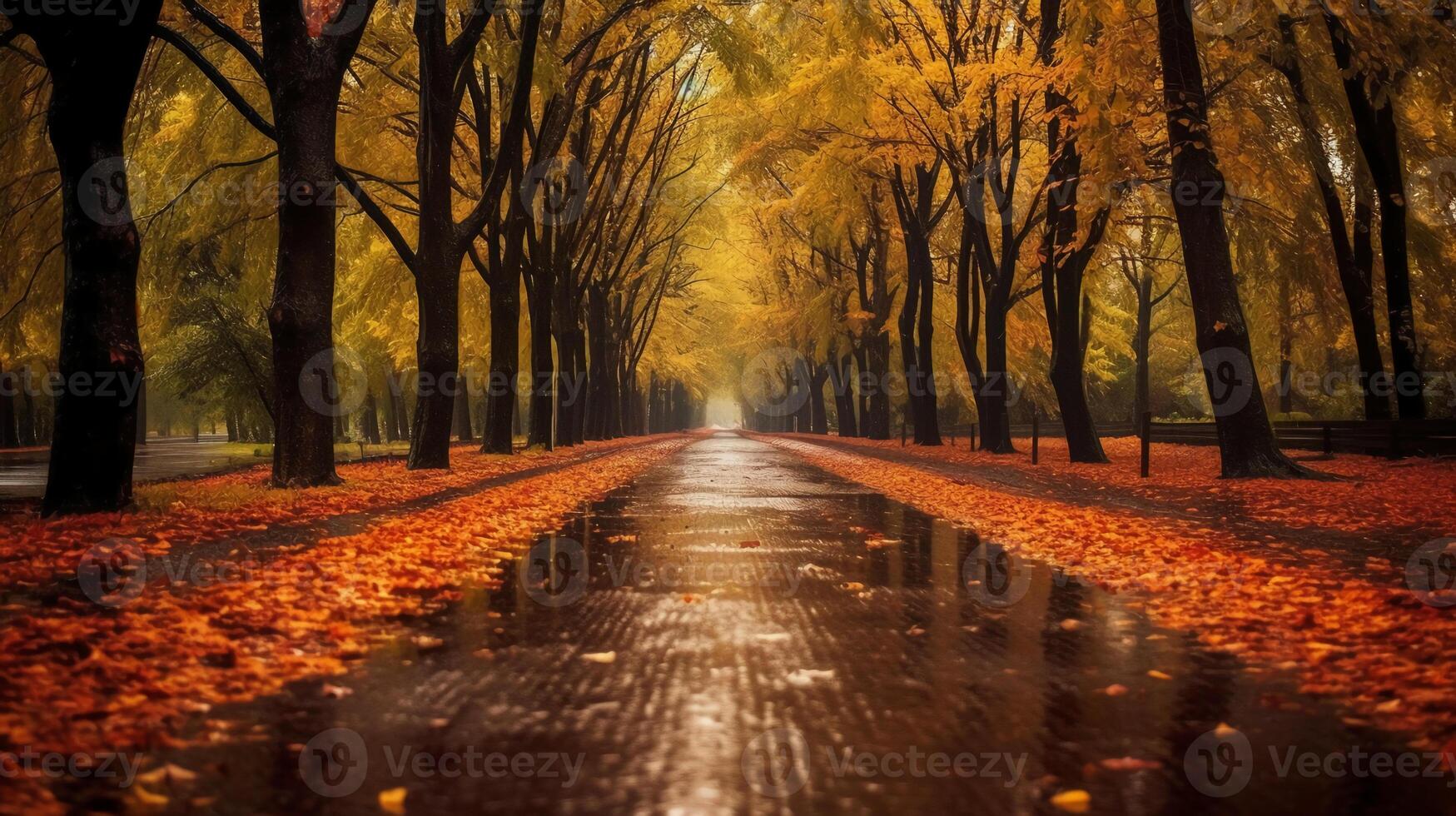 un hermosa largo la carretera en otoño temporada es forrado con arboles Llevando vistoso hojas. ai generativo foto