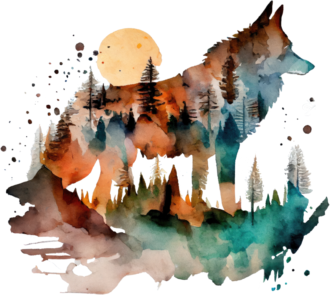 abstract Woud wolf sublimatie waterverf t-shirt ontwerp, transparant achtergrond, ai gegenereerd png