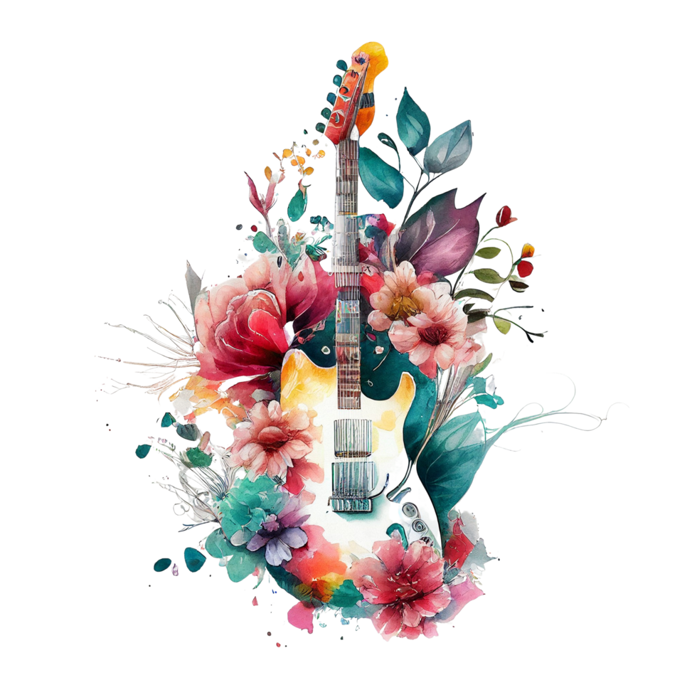 magnifique électrique guitare sublimation aquarelle T-shirt conception, transparent arrière-plan, ai généré png