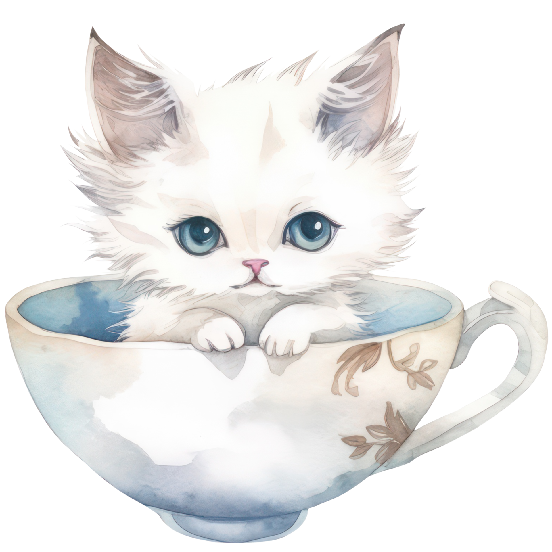Cute Teacup Kitten watercolor tshirt design, transparent background