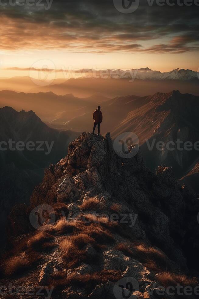 a man is standing on a mountain. photo