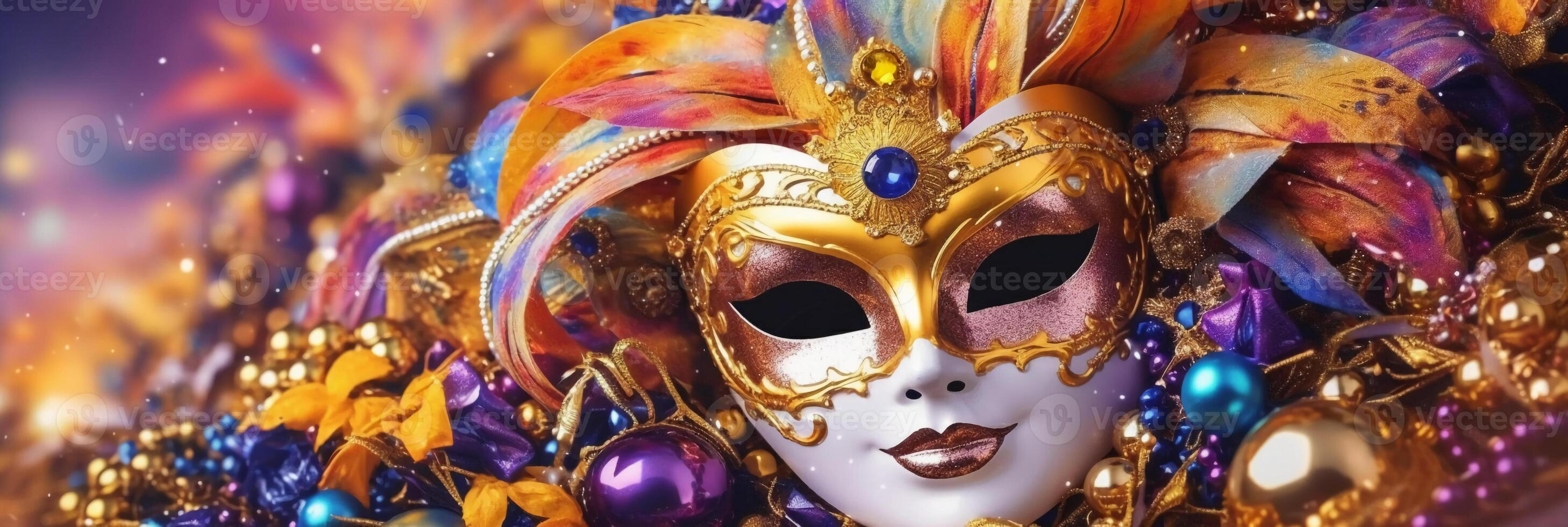 Venetian carnival mask and beads decoration. Mardi gras background. AI  generative 24171381 Stock Photo at Vecteezy