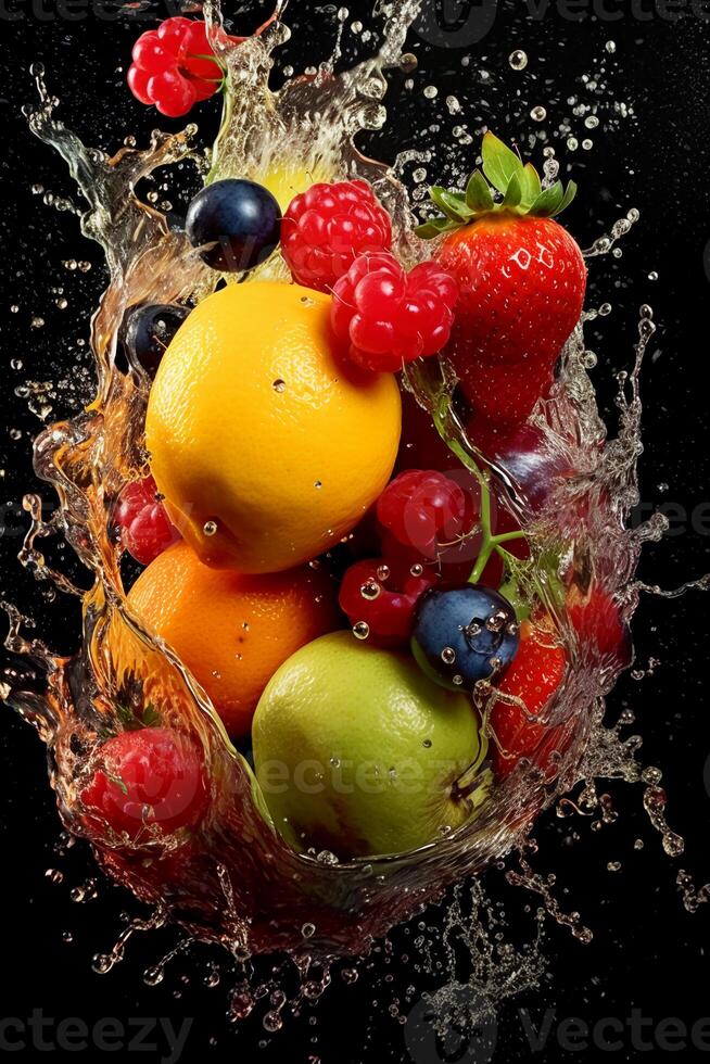 fresh fruits, splash, vibrant colors. photo