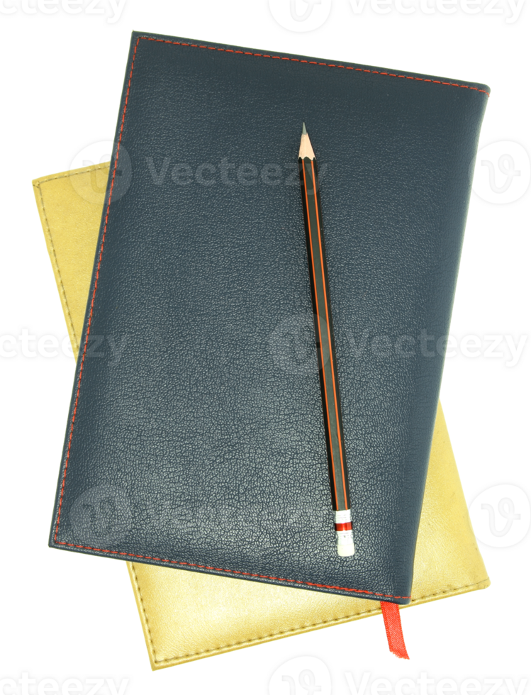 stack of leather notebook and pencil isolated with clipping path for mockup png