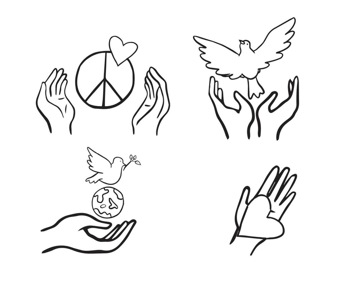 Symbols of the world of kindness and love. The dove carries an olive branch. Heart in hands and protecting the planet.Peace to the world.Hands holding a heart,Vector illustration.Doodle style. vector