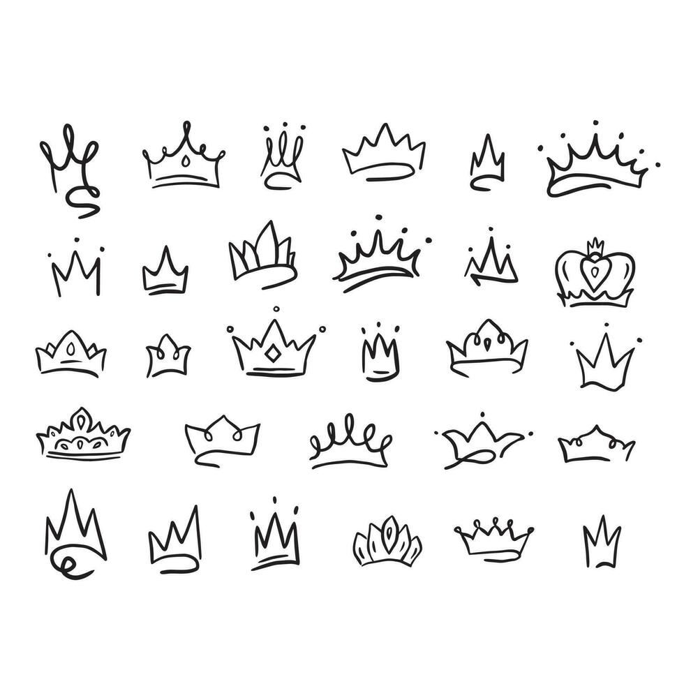 Big set of different crown icons drawn in doodle style.Vector illustration.Crowns of princes, princesses, kings, queens made by hand. vector