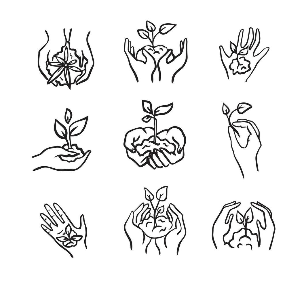 Ecology icons set ,Vector icons contains plant in hand, icons in minimalist style.Enviromental theme in doodle.Vector illustration.Hand save the earth and plants. vector