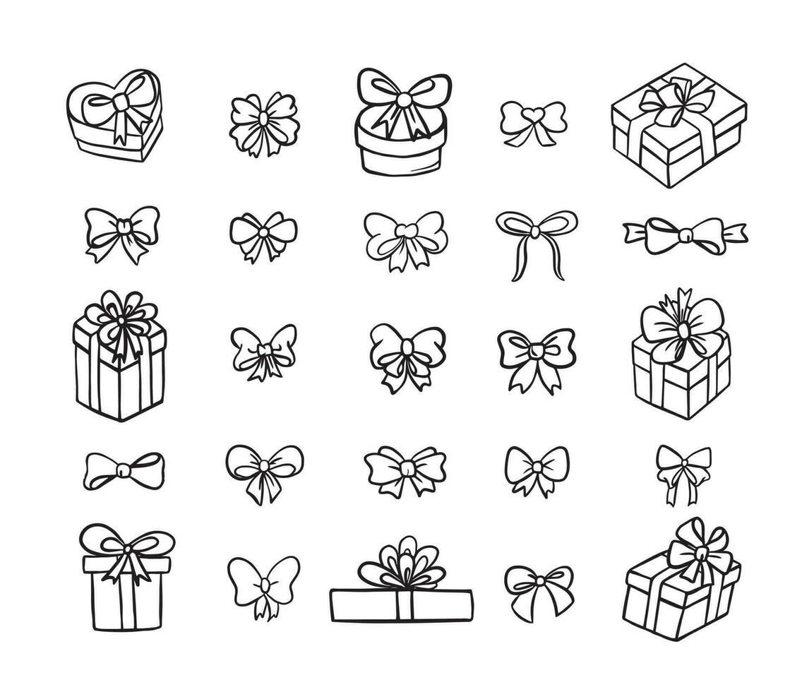 Vector doodle set, bow and ribbon, gifts illustration, hand drawn gifts isolated on white background.Presents with bows and ribbon,drawn black lines.