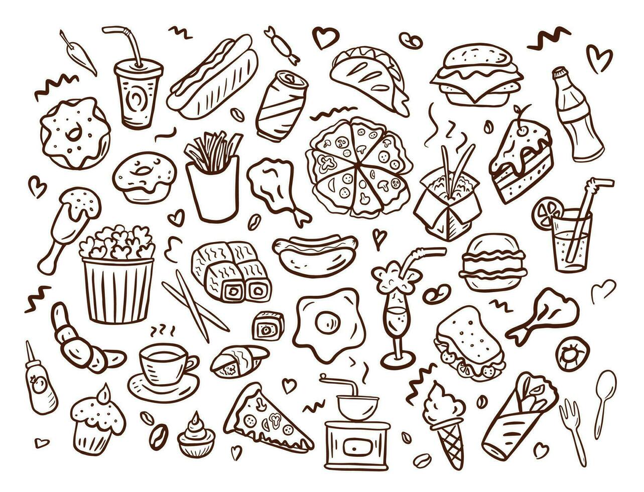 Set of fast food icons hand drawn in the doodle style.Vector illustration .Different types of fast food hand made.Brown lines on the white background vector